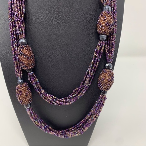 Vintage Purple Seed Beaded Pineapple Inspired Long Layered Chunky Necklace 21" - Picture 3 of 9